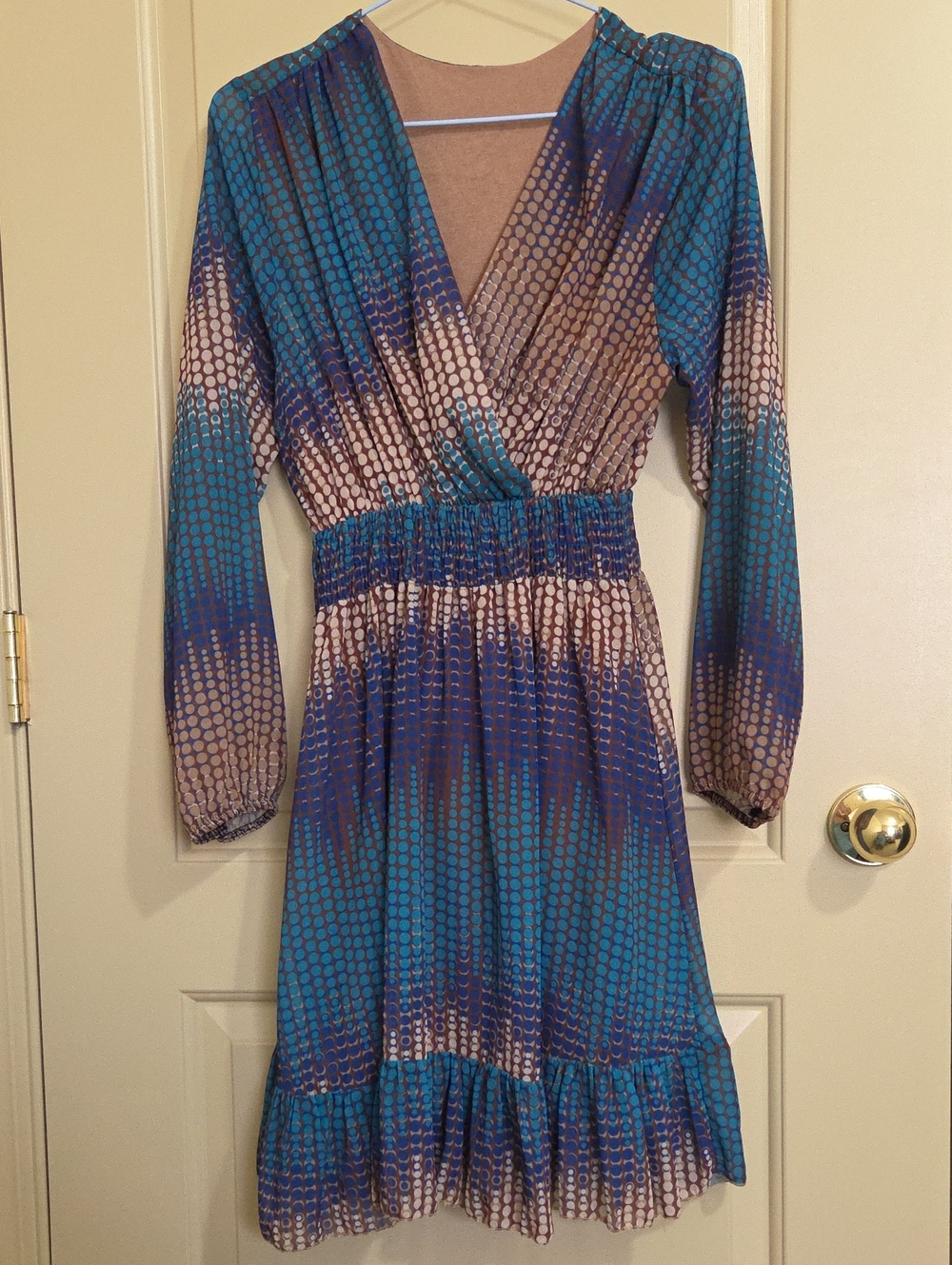Blue and Teal Printed V-Neck Long Sleeve Dress